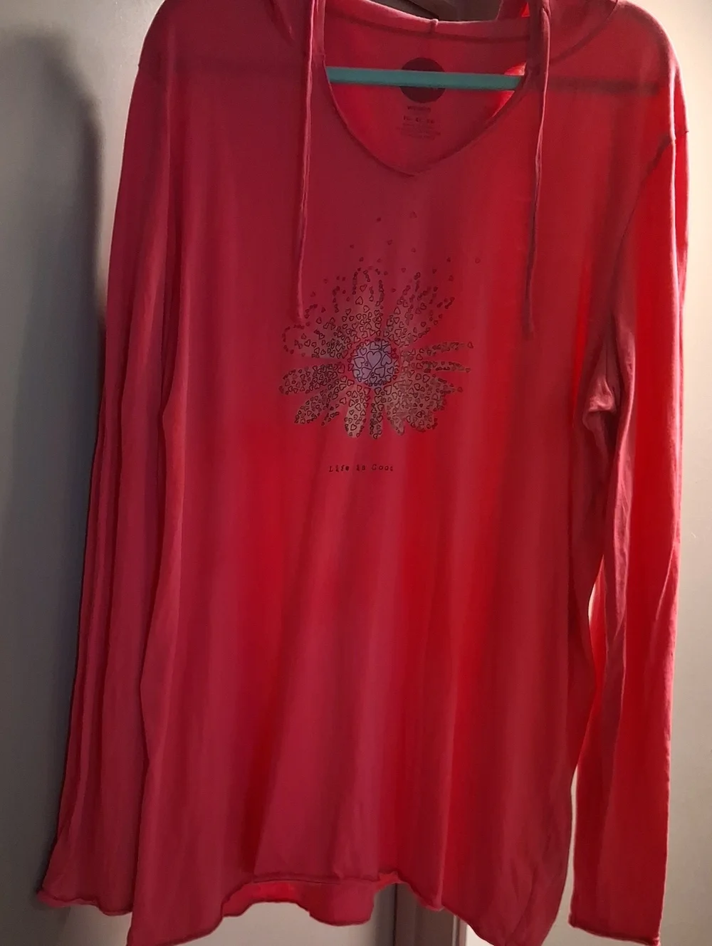 Life Is Good Pink V-Neck Hoodie with Floral Sunburst Graphic